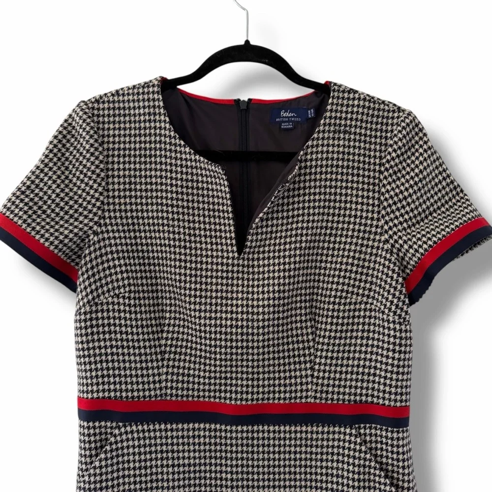 Boden Black & White Houndstooth Shift Dress with Red Trim - Picture 4 of 14